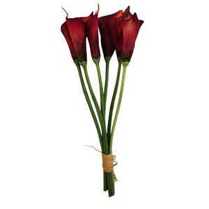 Artificial Burgundy Red Calla Lily Stems Green Wrapped Bundle of 6 Faux Flowers